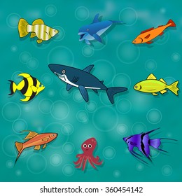 Set of sea and ocean fishes. Cartoon vector illustration.