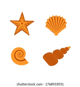 Set of sea ocean shells, starfish, underwater world, sea star. Beach, summer. Vector orange illustration isolated on white in flat style.