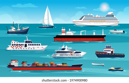 Set of sea and ocean ships and sea transport. Cruise liner, yacht, boat, jet ski, fishing boat, cargo ship with containers, tug. Vector illustration