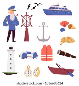 Set of sea or ocean travel elements - boat ship lighthouse dinghy anchor seashells rope compass lifebuoy circle steering wheel spyglass and captain. Flat isolated vector illustration