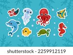 Set of sea and ocean underwater animals. Cute aquatic turtle, seahorse, jellyfish, turtle, crab, dolphin, octopus. Childish stickers cartoon vector