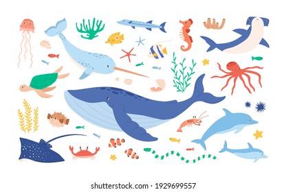 Set sea   ocean underwater animals  Cute aquatic turtle  whale  narwhal  dolphin  octopus   colorful fishes  Childish colored flat cartoon vector illustration isolated white background