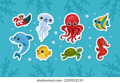 Set of sea and ocean underwater animals. Cute aquatic turtle, seahorse, jellyfish, turtle, crab, dolphin, octopus. Childish stickers cartoon vector