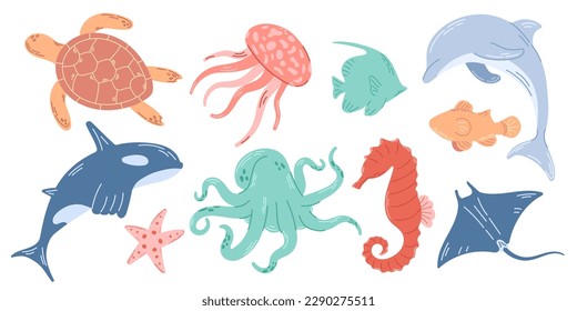 Set of sea and ocean underwater animals. Sea turtle, dolphin, octopus, jellyfish and other marine life. Simple colored flat cartoon vector illustration isolated on white background