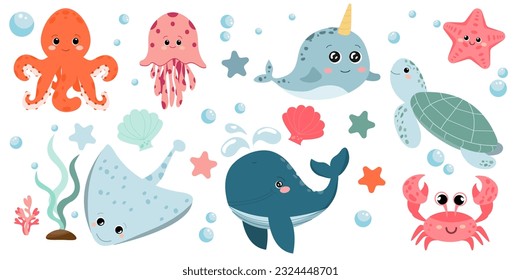 Set of sea and ocean underwater animals. Cute fish and wild marine cartoon animals. Undersea world. Octopus, whale, jellyfish, stingray, crab, shells, narwhal, starfish, turtle