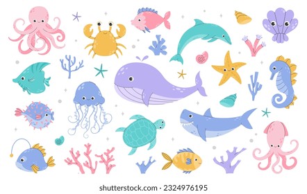 Set of sea and ocean underwater animals. Cute aquatic turtle, whale, whale, dolphin, octopus and colorful fishes. Childish colored flat cartoon vector illustration isolated on white background