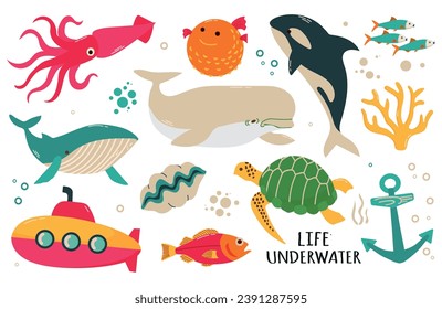 Set of sea and ocean underwater animals and submarine. Sea turtle, beluga, blue whale, coral, sea fishes, squid and anchor  cartoon vector illustration isolated on white background