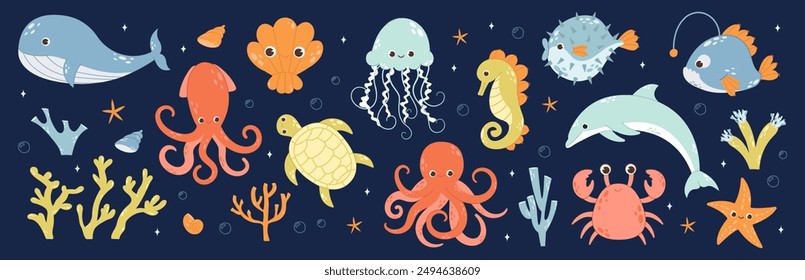 Set of sea and ocean underwater animals. Cute aquatic turtle, whale, dolphin, octopus and colorful fishes. Childish colored flat vector illustration. Underwater marine fauna 