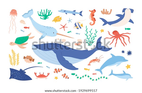 Set of sea and ocean underwater animals. Cute\
aquatic turtle, whale, narwhal, dolphin, octopus and colorful\
fishes. Childish colored flat cartoon vector illustration isolated\
on white background