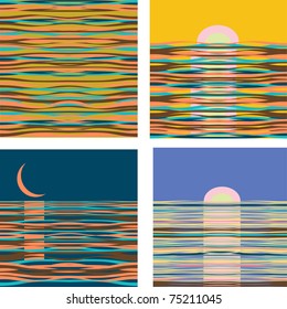 A set of sea, ocean, water waves, ripples, reflection. Sunset, dawn. Sun, moon, horizon. Tranquility, calmness, meditation.