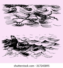 set of the sea or ocean wave, doodle style, sketch illustration
