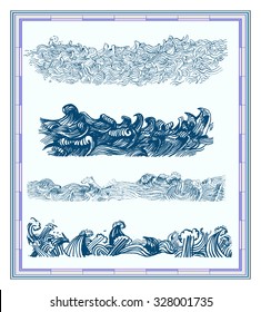 Set Of The Sea Or Ocean Wave. Vintage Engraved Illustration, Hand Drawn, Sketch. In A Geographical Frame, Vector Format