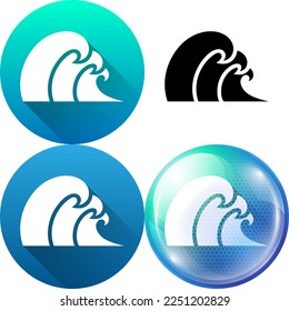 Set of Sea Ocean Wave, Water Element Symbol Material Flat Round Icon, Silhouette, Long Shadow Circle Bubble Minimalistic Isolated on White Background.