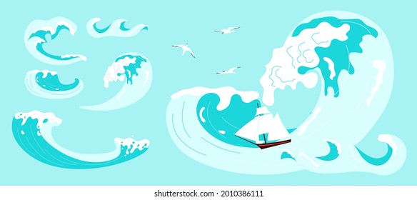 Set of sea or ocean waves with splash, foam on crest design. Abstract acwamarine marine decoration. Flat Art Vector Illustration