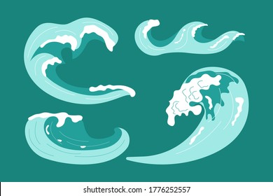 Set of sea or ocean waves with spray, foam on crest design. Abstract acwamarine marine decoration. Flat Art Vector Illustration