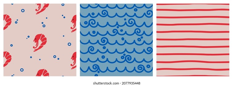 Set of Sea Oriental Seamless Patterns: Shrimp and Bubbles, Blue Waves, Red Stripes print. Hand Drawn vector illustration in Doodle style. Modern trend design background.