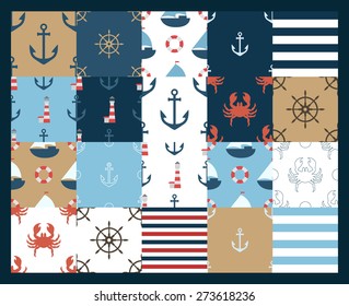 Set of sea patterns with anchors, crabs, ships, wheels. Vector illustration