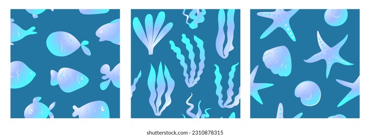 Decoración marina con peces, algas, estrellas de mar y conchas. Ilustración vectorial. Diseño náutico para la moda, el tejido, los textiles, el papel pintado, el embalaje y todas las impresiones.