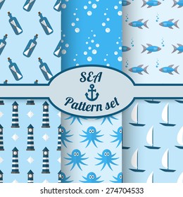 Set of sea patterns in white and blue colors.