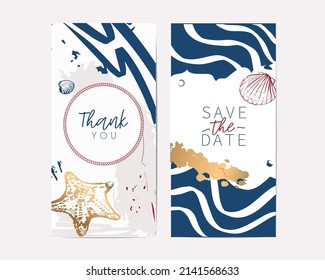 Set of sea postcard with hand drawing seashells and starfish. Template for invitation card or stories om instagram, vector on modern style with abstract painting
