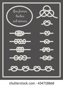 Set of sea rope borders, frames and elements. All nautical knots can be used to make seamless border or as decorative elements. Decorative and simple rope brushes are included.