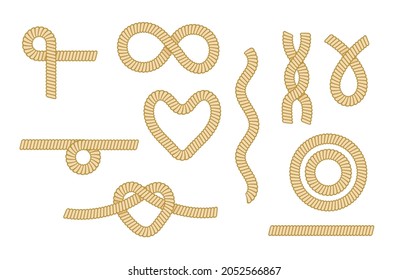 Set Sea Rope Knots, Nautical Marine Cords Heart, Eight, Circle and Wavy Elements Isolated on White Background. Different Loops and Sailing Strings of Various Shapes. Cartoon Vector Illustration