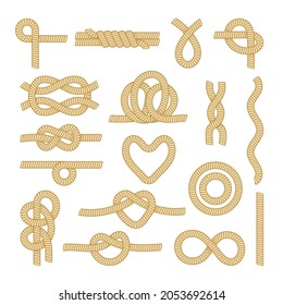 Set Sea Rope Knots, Nautical Marine Cords Elements and Parts Isolated on White Background. Different Loops and Sailing Strings of Various Shapes, Frames, Borders, Patterns. Cartoon Vector Illustration