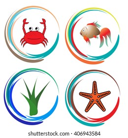 Set of Sea round icons. Vector illustration