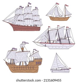 Set of sea sailboats and yachts. Ships with sails are modern and vintage. Doodle sketch isolated illustrations.