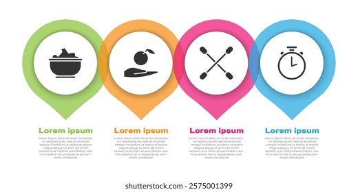 Set Sea salt in a bowl, Apple in hand, Cotton swab for ears and Stopwatch. Business infographic template. Vector