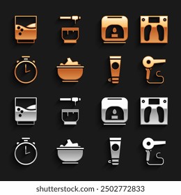Set Sea salt in a bowl, Bathroom scales, Hair dryer, Cream or lotion cosmetic tube, Stopwatch, Aroma lamp, Glass with water and Honey dipper stick and icon. Vector