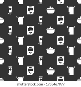 Set Sea salt in a bowl, Towel on a hanger, Cream or lotion cosmetic tube and Leaf document on seamless pattern. Vector
