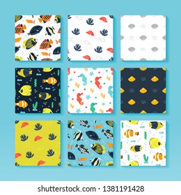 Set of sea seamless pattern with fish, seahorse, starfish, seaweed and bubbles. Underwater. Marine collection of vector illustration for textiles, web, print and wallpaper