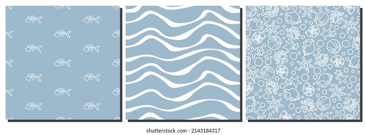 Conjunto de motivos marinos sin costura. Patrones con peces, olas y conchas. Patrón transparente sin fondo con elementos blancos.