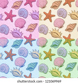Set of sea seamless patterns. Original hand drawn illustration in vintage style