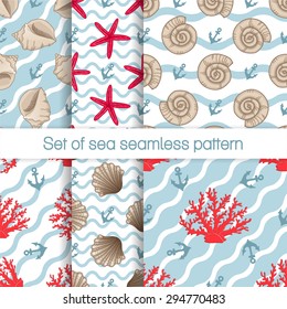 Set of sea seamless patterns with seashells, starfish and coral. 6 different background with blue waves. Vector illustration can be used for fills, web page background, surface, textile, wrapping, etc