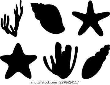 Set sea shell starfish coral silhouette vector illustration