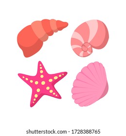 Conjunto de conchas del mar para elementos de diseño de verano. Estilo plano de moda para el diseño gráfico, sitio web. Ilustración del vector de material.