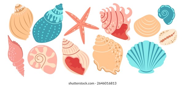 Set of sea shells, clams, starfish. Trendy flat illustration of collection of seashells isolated for stickers.