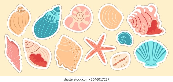 Set of sea shells, clams, starfish. Trendy flat illustration of collection of seashells isolated for stickers.