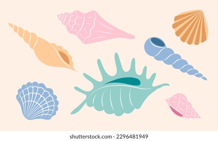 Set of sea shells. Collection of colorful hand drawn underwater shells