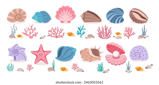 Set of sea shells, corals and ocean plants in flat design. Cute collection of sea creatures isolated on white background. Vector illustration.

