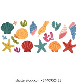 Set of sea shells and corals. Vector illustration on white background.