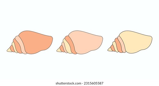 Set of sea shells with dark outline . Beige and yellow clipart .Hand drawn illustration for children. Cartoon flat style. The inhabitants of the sea and ocean