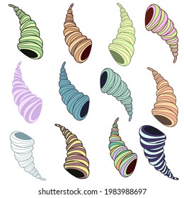 Satz Muscheln in verschiedenen Farben einzeln auf weißem Hintergrund, Vektorgrafik im Cartoon-Stil
