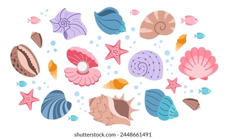 Set of sea shells in flat design. Collection of illustrations of colorful seashells in cartoon style on a white background.
