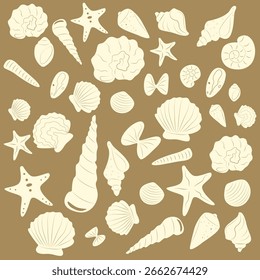 Conjunto de conchas de mar. Ilustraciones pegatinas dibujadas a mano en colores pastel. Tema marino. iconos de pegatinas de estrellas de mar y conchas
