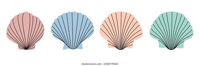 Set of sea shells. Sea shells, mollusks, scallop, pearls. Tropical underwater shells. Vector illustration.