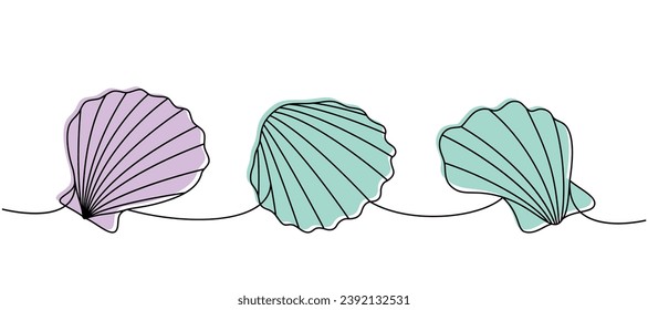 Set of sea shells. Sea shells, mollusks, scallop, pearls. Tropical underwater shells continuous one line illustration. Vector minimalist illustration.