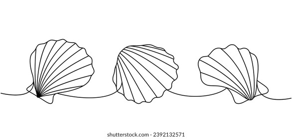 Set of sea shells. Sea shells, mollusks, scallop, pearls. Tropical underwater shells continuous one line illustration. Vector minimalist illustration.
